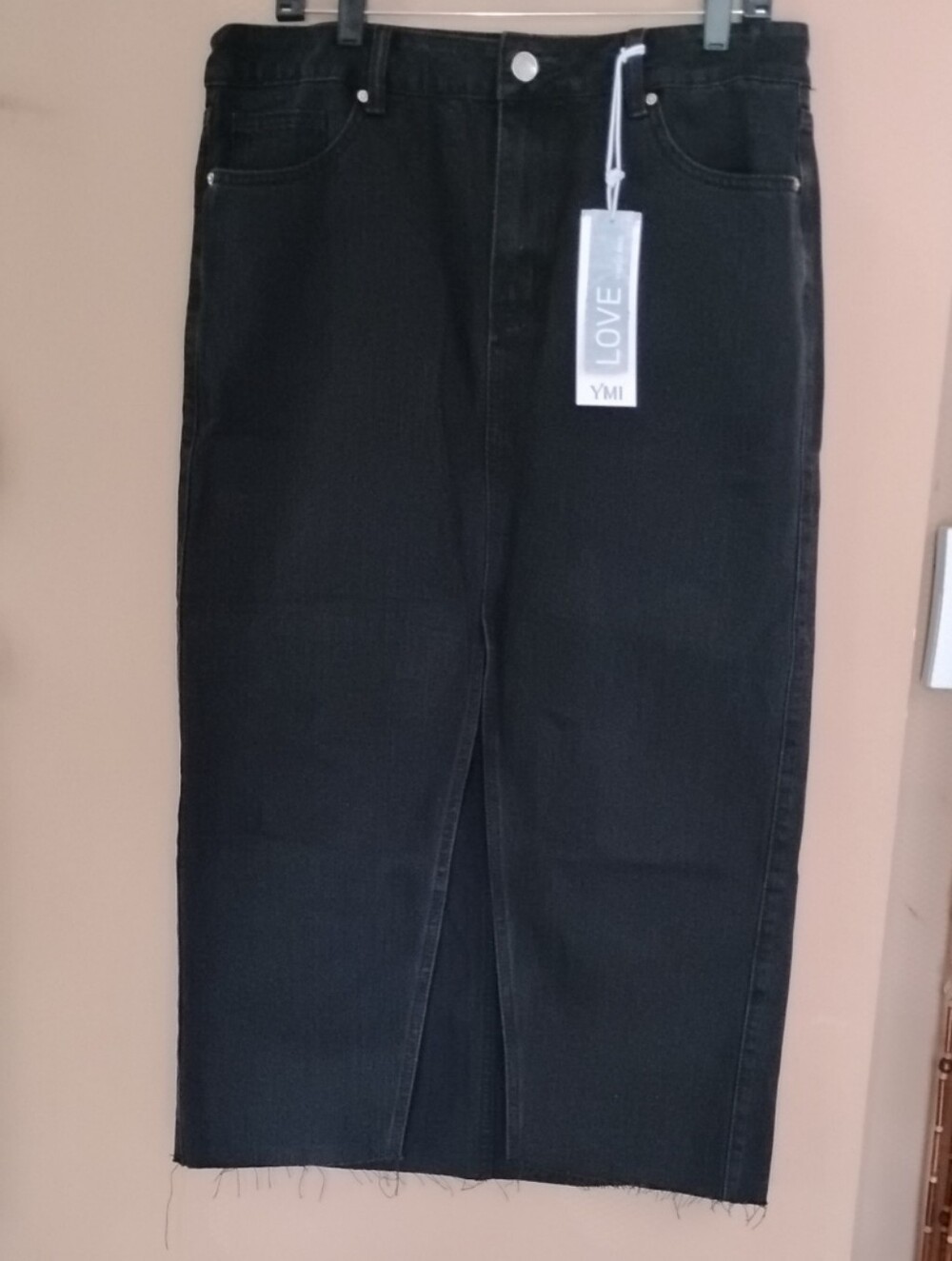 NWT: YMI Brand Black Denim Pencil Midi Skirt with Front Slit. NEVER Worn. 🖤🖤